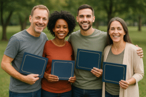 Heroin addiction rehab graduates four people celebrate and smile as they recover