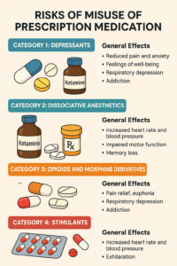 Infographic illustrating the four main categories of prescription medication misuse—Depressants, Dissociative Anesthetics, Opioids, and Stimulants—highlighting their general effects such as addiction, respiratory depression, and memory loss, with simple icons of pills and medication bottles.